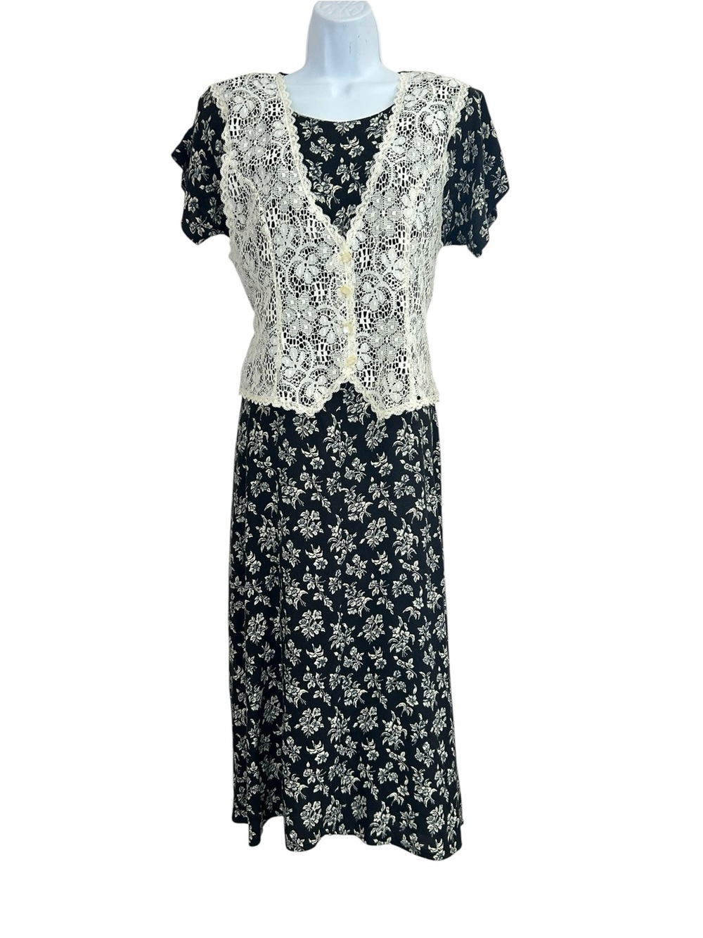 Vintage 90s Black Floral Midi Cottagecore Dress M Cream Crochet Lace Vest